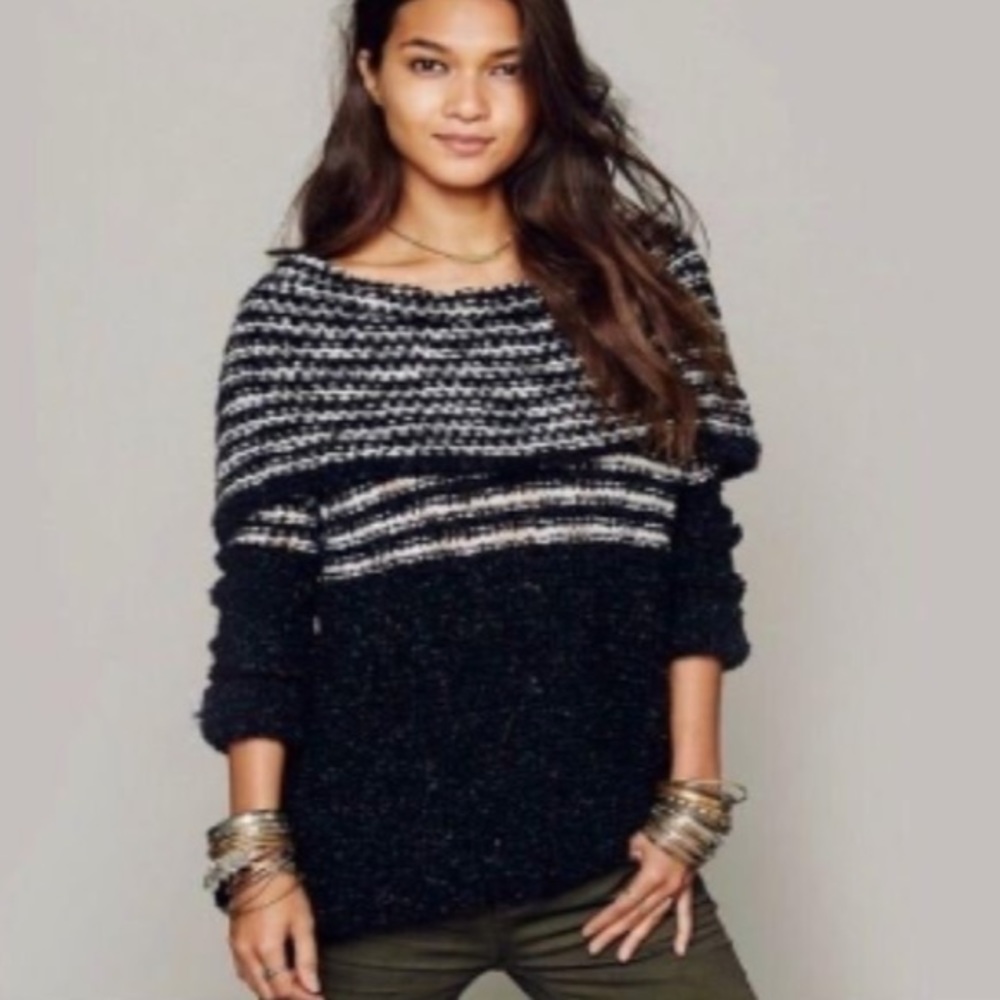 Free People Engineer Stripe Black White Cowl Neck Pullover Sweater Wool Sz S